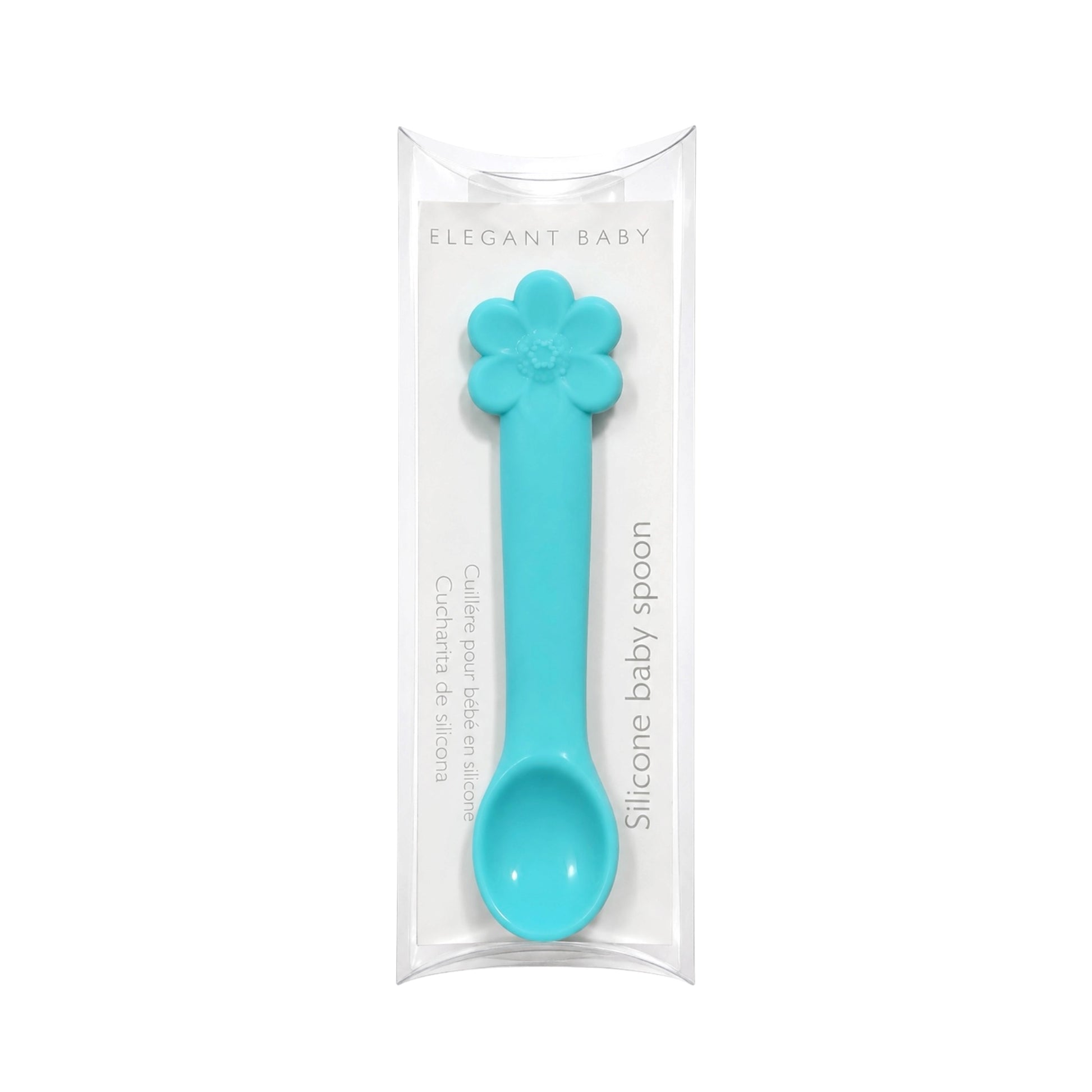 Elegant Baby turquoise flower baby feeding spoon with star detail in elegant clear packaging