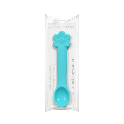 Elegant Baby turquoise flower baby feeding spoon with star detail in elegant clear packaging