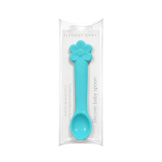 Elegant Baby turquoise flower baby feeding spoon with star detail in elegant clear packaging