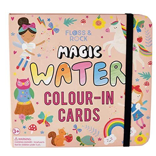 A colorful pack of magic water coloring cards with a pink cover featuring illustrations of a unicorn, a fairy, and strawberries, along with text and decorative elements.