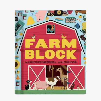 Front cover of the children's block book 'Farm Block' by Christopher Franceschelli, art by Peski Studio. The cover features a large red barn with yellow title text, surrounded by colorful cartoon farm animals and objects on a white background.