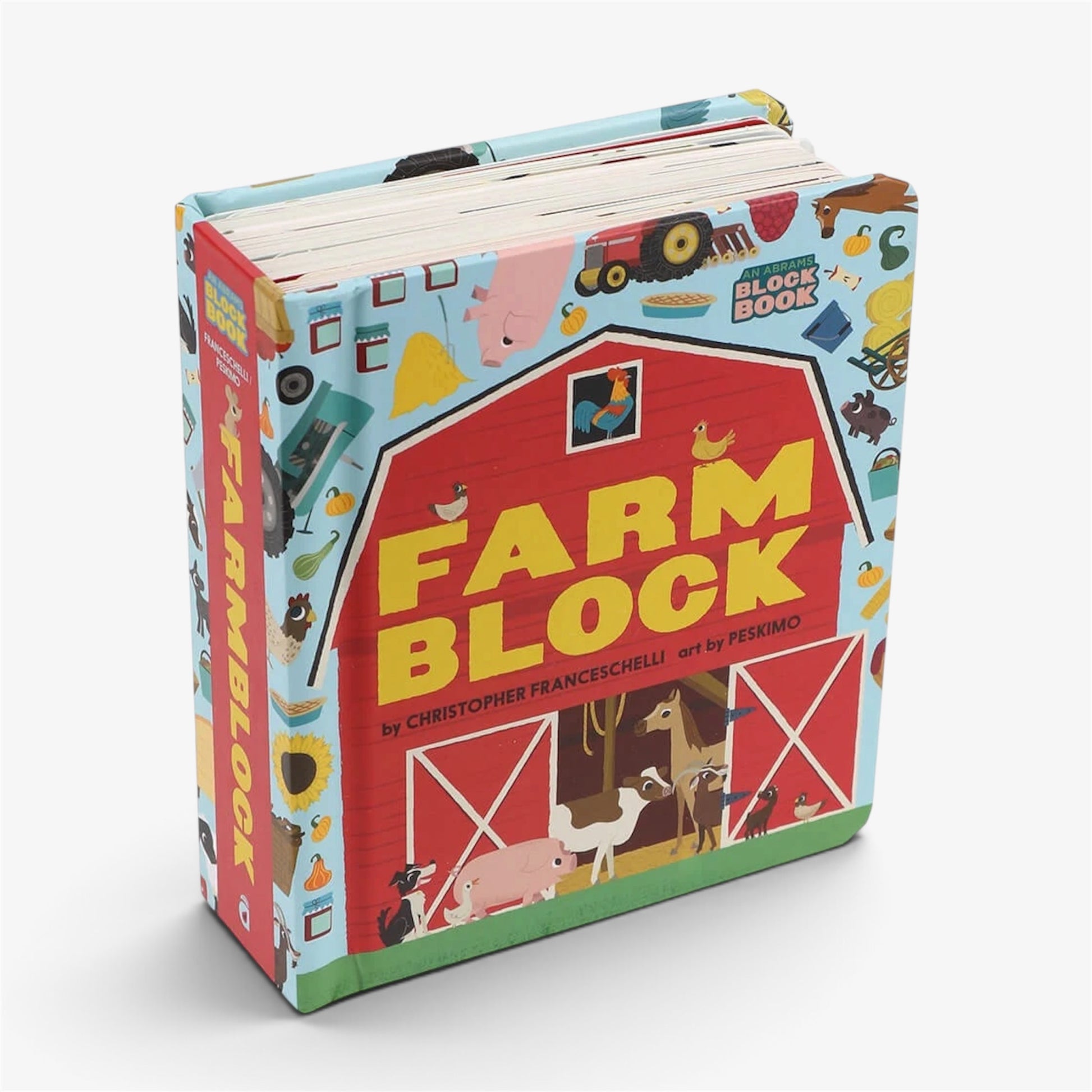 A children's block book titled 'Farm Block' by Christopher Franciscelli and Pessimo, featuring a colorful cover with a red barn, yellow title text, and farm illustrations on a light gray background.