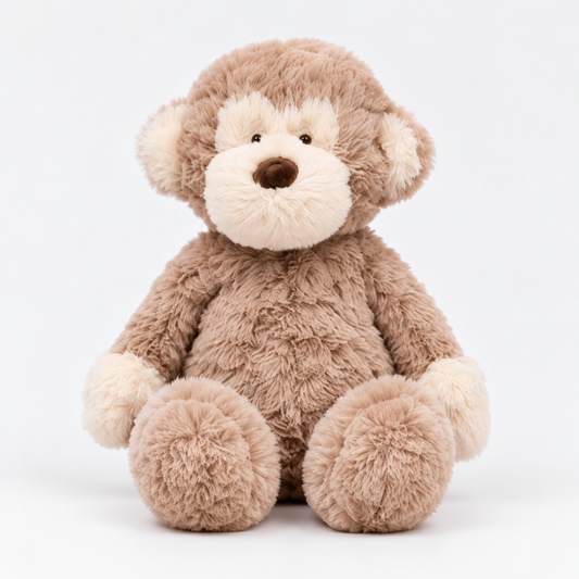Felix plush monkey sitting front view with taupe-brown fur and cream face and hands against white background