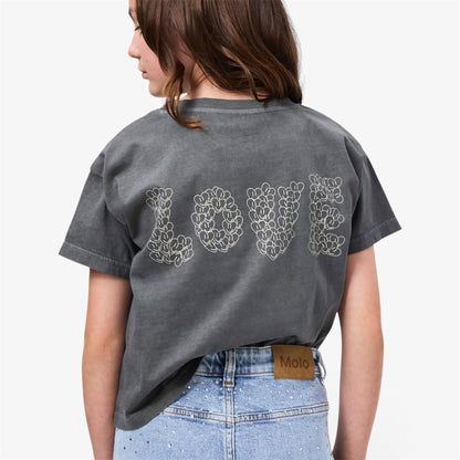 Model wearing girls’ gray cropped T-shirt with Love graphic on back pictured on white background