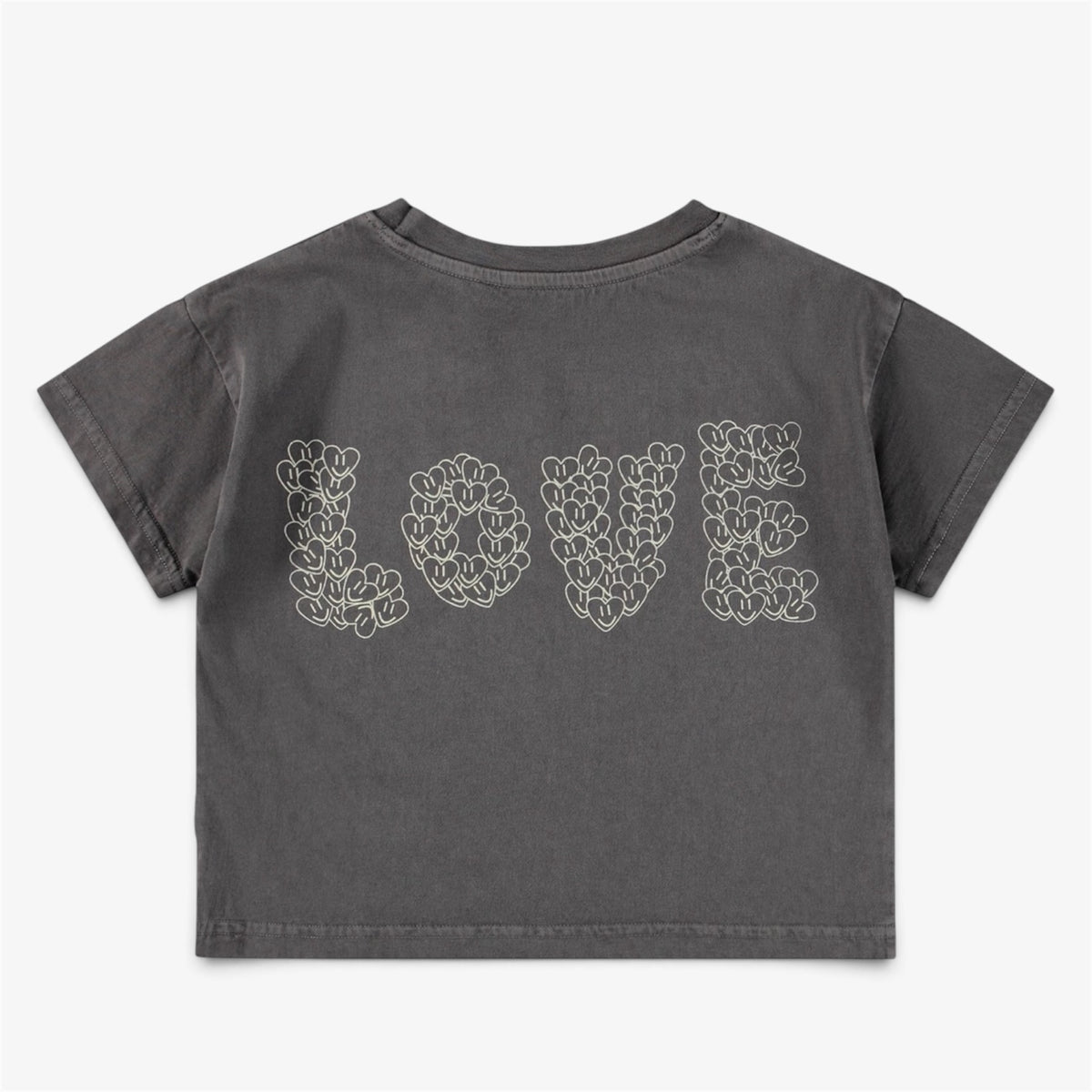 Girls’ gray organic cotton cropped T-shirt with  Love graphic on back pictured on white background