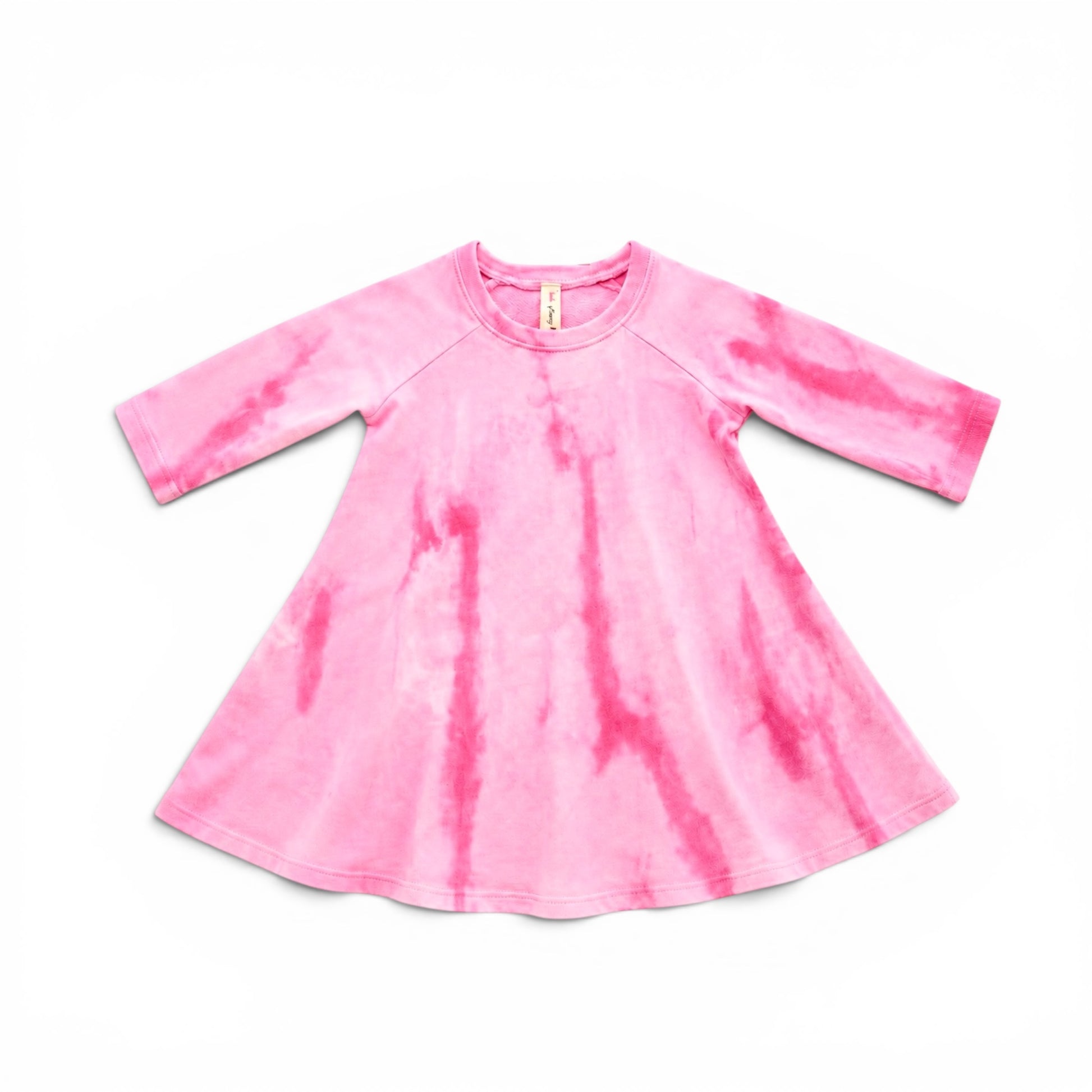 Girls pink tie-dye long sleeve swing dress with crew neckline and flared skirt on white background
