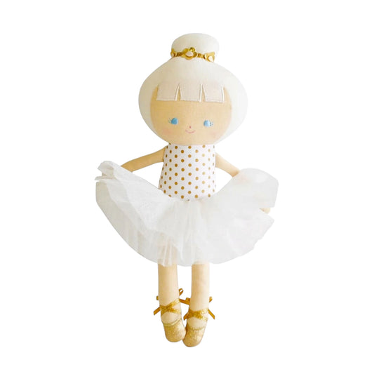 Gold polka dot baby ballerina doll with white tulle tutu and gold ballet slippers