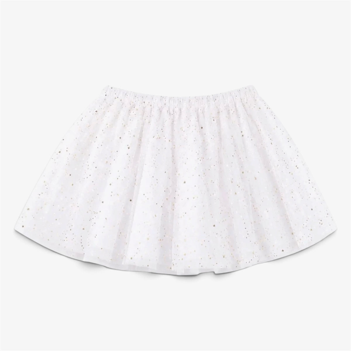 A white eyelet tulle skirt with small gold glitter speckles, featuring an elastic waistband, shown flat on a light gray background.