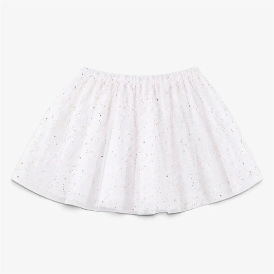 A white eyelet tulle skirt with small gold glitter speckles, featuring an elastic waistband, shown flat on a light gray background.