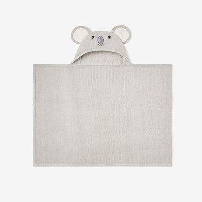A light gray baby blanket with an attached hood shaped like a koala head, featuring embroidered eyes, nose, and ears, shown on a plain white background.