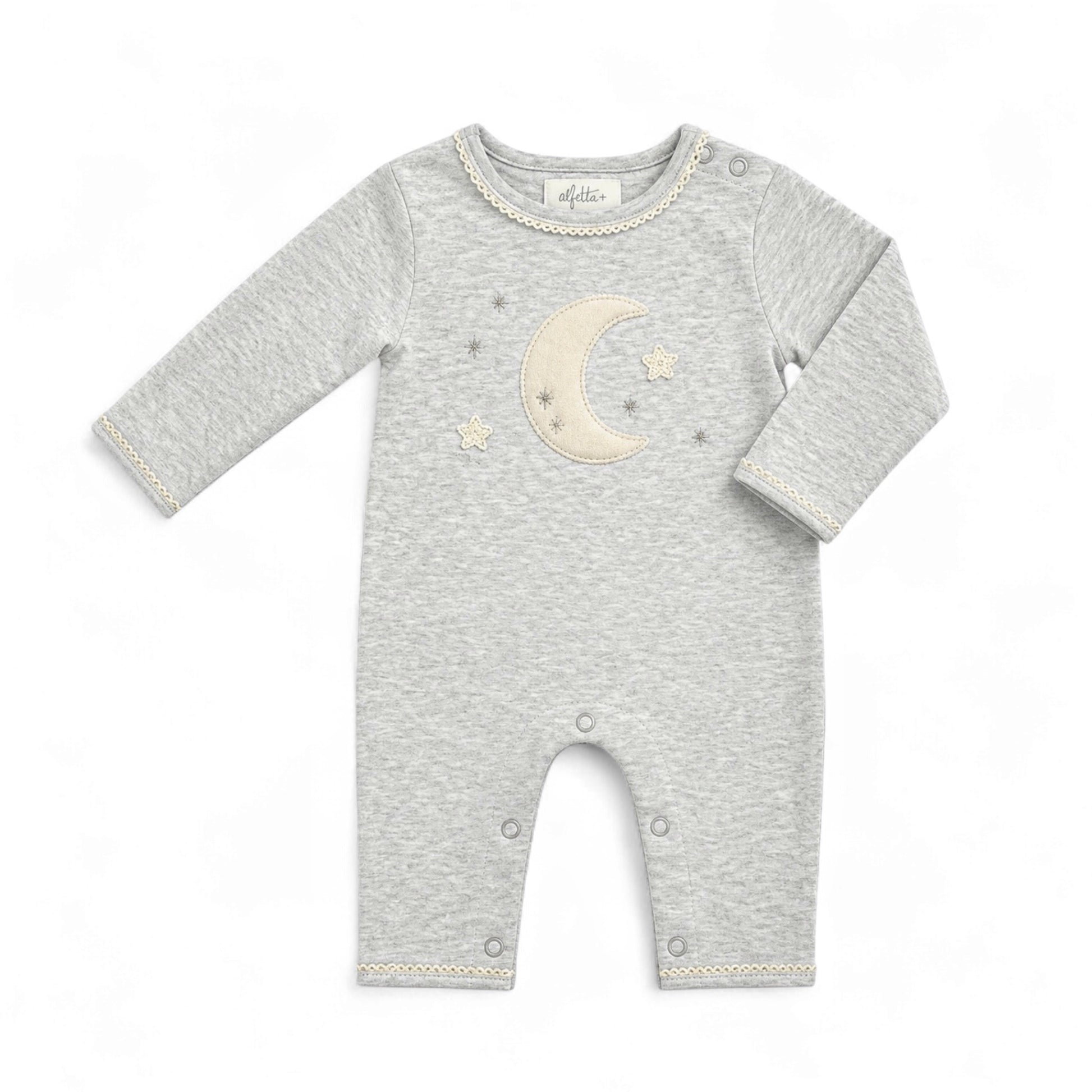 Gray Moon Romper made from organic cotton featuring a moon appliqué on a soft gray baby one-piece outfit