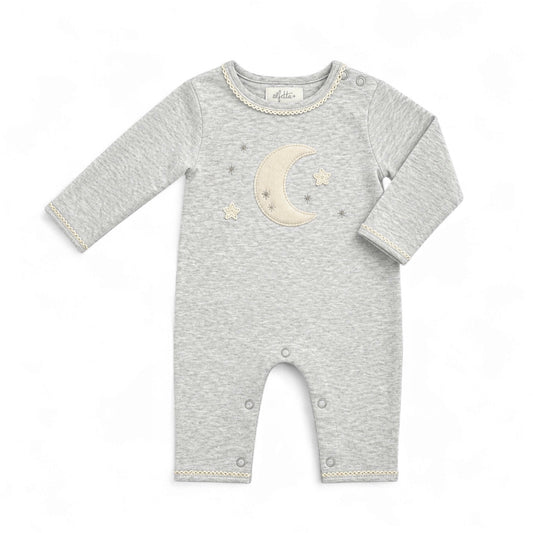 Gray Moon Romper made from organic cotton featuring a moon appliqué on a soft gray baby one-piece outfit
