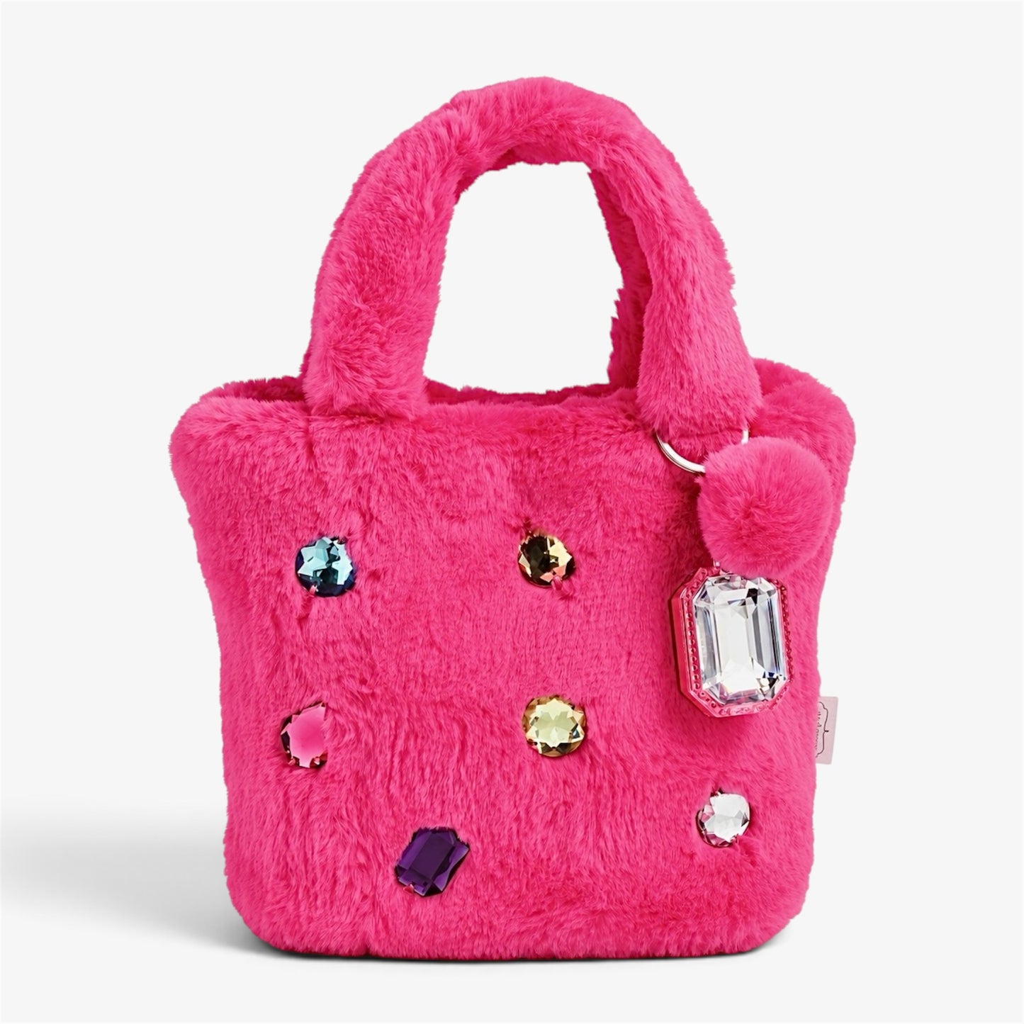 Hot pink faux fur mini tote bag with colorful crystal embellishments and fluffy pom-pom lip gloss keychain