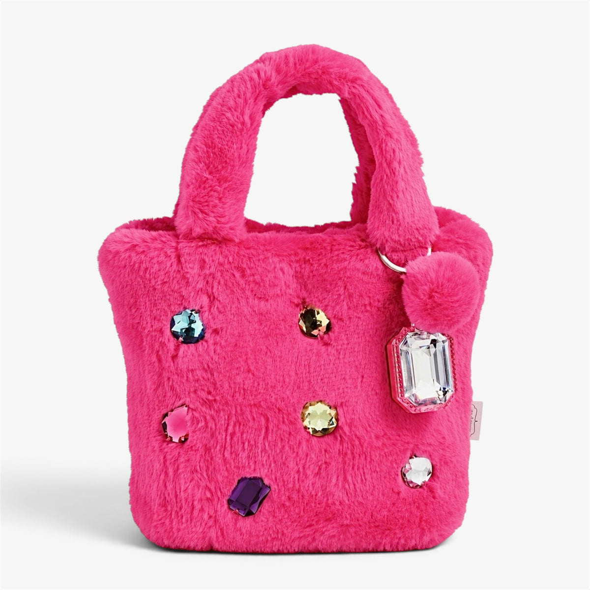 Hot pink faux fur mini tote bag with colorful crystal embellishments and fluffy pom-pom lip gloss keychain
