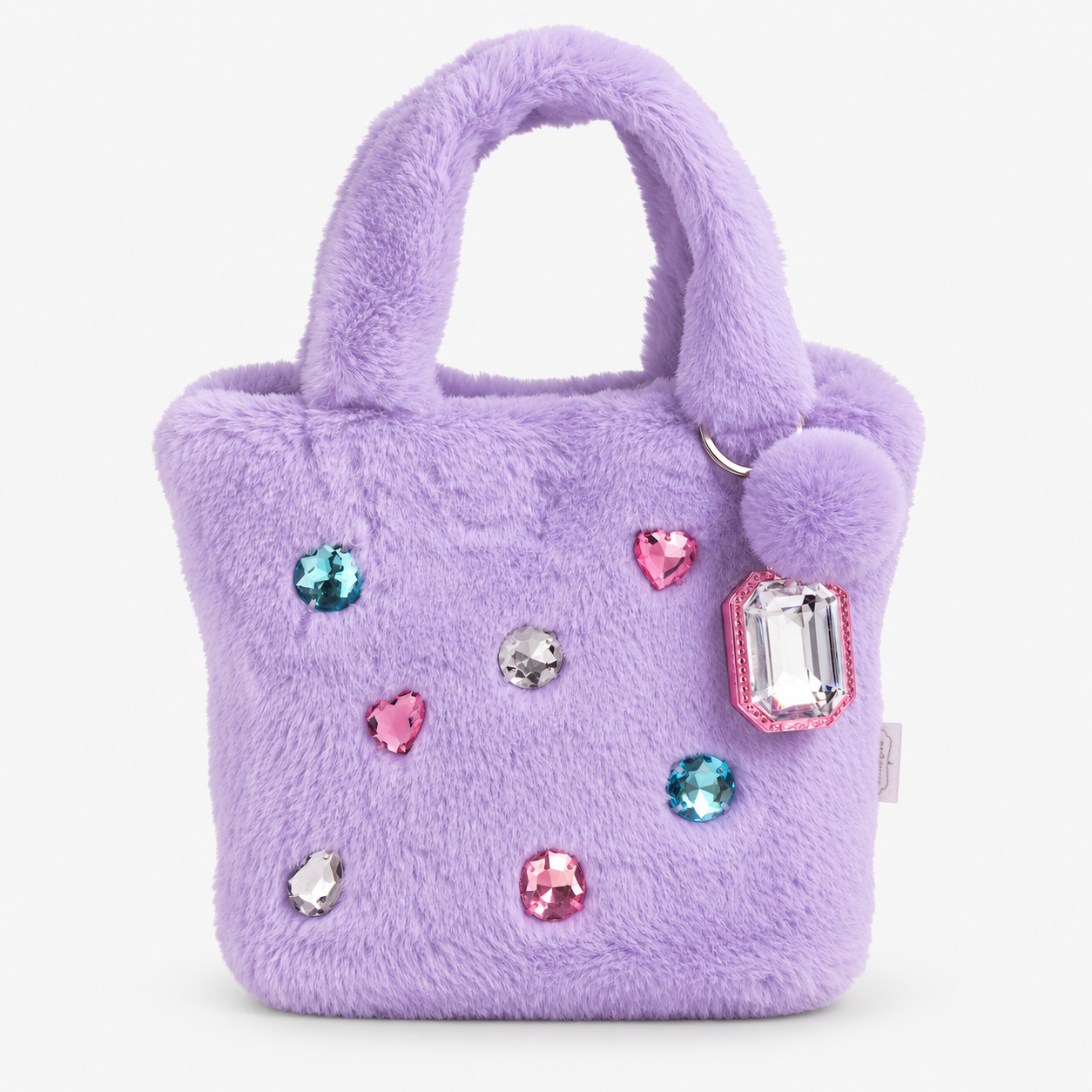 Lilac faux fur mini tote bag with colorful crystal embellishments and fluffy pom-pom lip gloss keychain