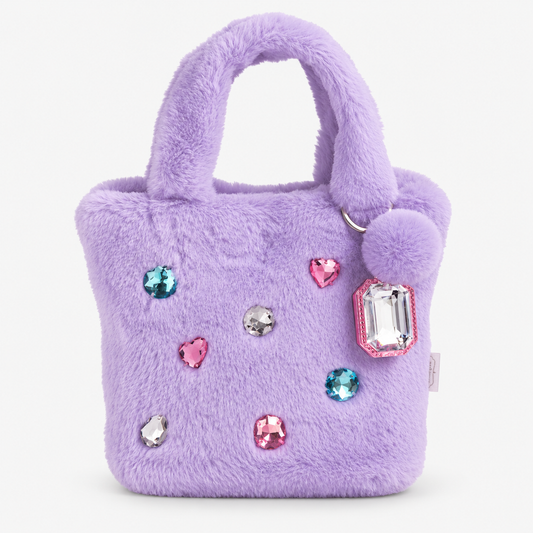 Lilac faux fur mini tote bag with colorful crystal embellishments and fluffy pom-pom lip gloss keychain