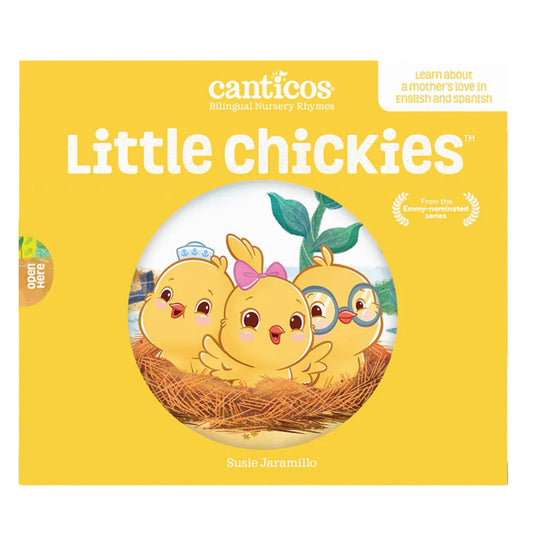 Little Chickies Los Pollitos English-Spanish board book with yellow cover and illustrated hen and chicks