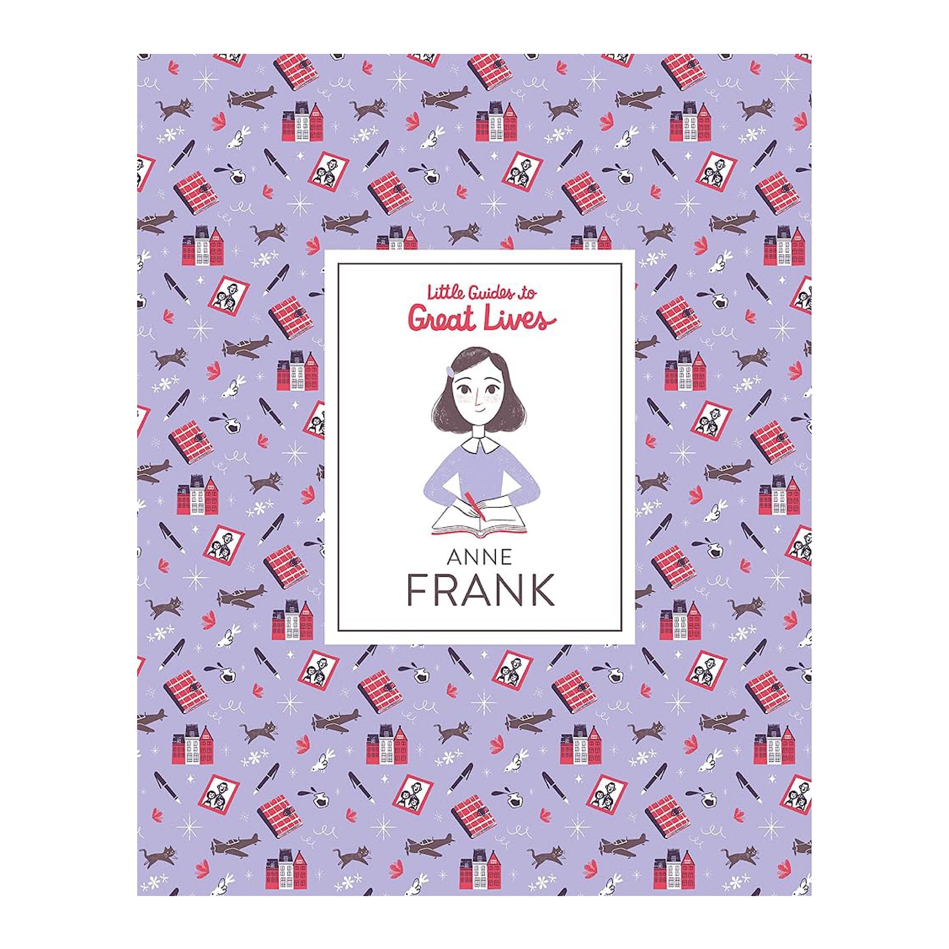 Cover of the book 'Little Guides to Great Lives: Anne Frank' featuring illustrations related to the theme of Anne Frank's life, such as objects and scenes, on a purple background.