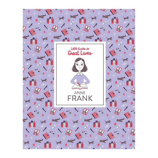Cover of the book 'Little Guides to Great Lives: Anne Frank' featuring illustrations related to the theme of Anne Frank's life, such as objects and scenes, on a purple background.