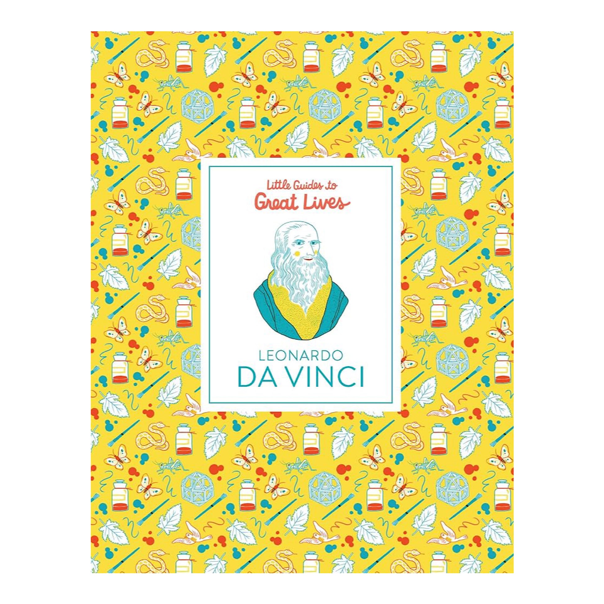 Cover of a children's book titled 'Little Guides to Great Lives: Leonardo Da Vinci', featuring colorful illustrations with thematic elements and the figure of Leonardo Da Vinci.
