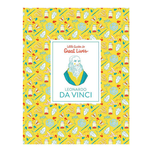 Cover of a children's book titled 'Little Guides to Great Lives: Leonardo Da Vinci', featuring colorful illustrations with thematic elements and the figure of Leonardo Da Vinci.