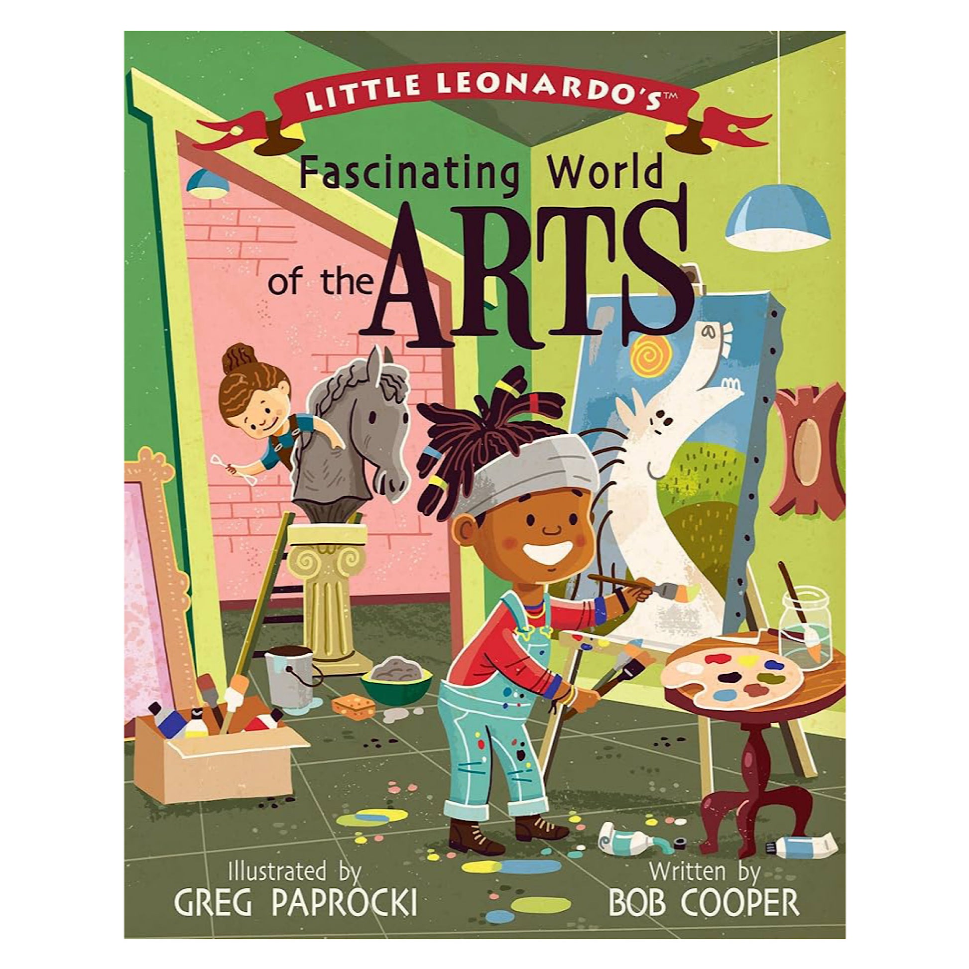 Cover of 'Little Leonardo's Fascinating World of the Arts' book featuring colorful illustrations of children engaging with various art materials and tools.