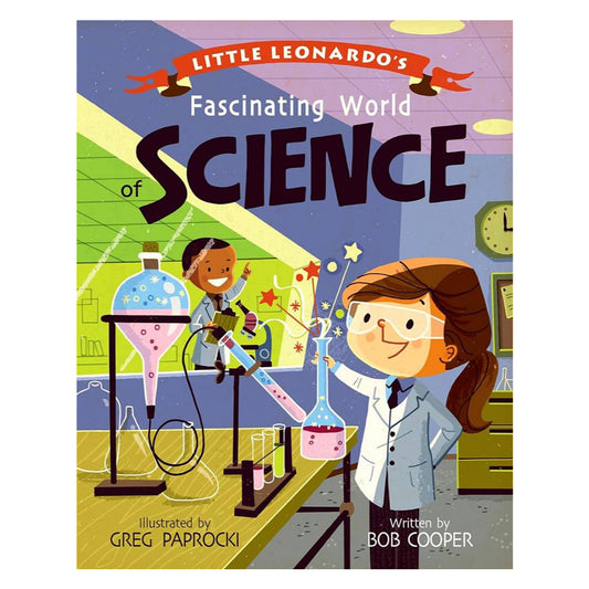 Cover of 'Little Leonardo's Fascinating World of Science' featuring cartoon-style illustrations of a child scientist in a lab setting with various laboratory equipment.