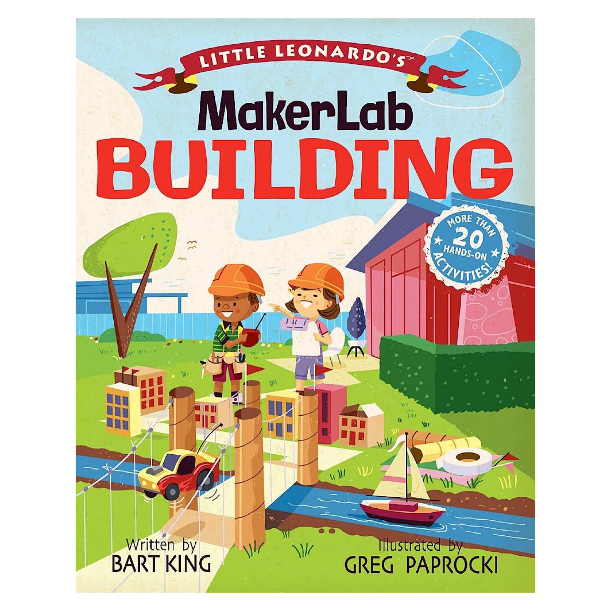 Cover of 'Little Leonardo's MakerLab Building' featuring colorful illustrations of children with construction toys and a boat in the background.