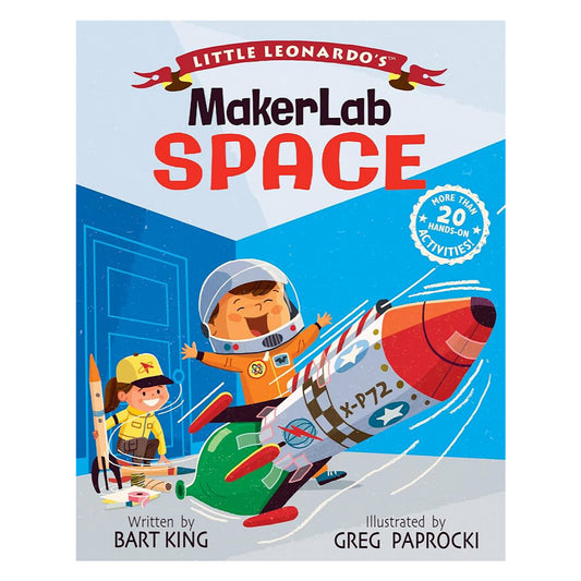 Cover of 'Little Leonardo's MakerLab: Space' book featuring cartoon-style illustrations of a space rocket and two children playing with it.