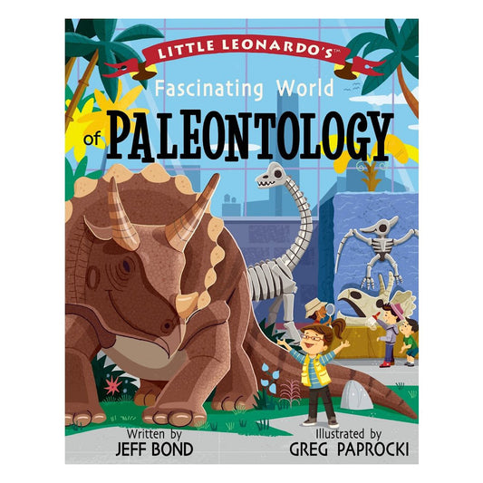 Cover of 'Little Leonardo's Fascinating World of Paleontology' book featuring illustrations of dinosaurs and children engaging in paleontology-related activities.