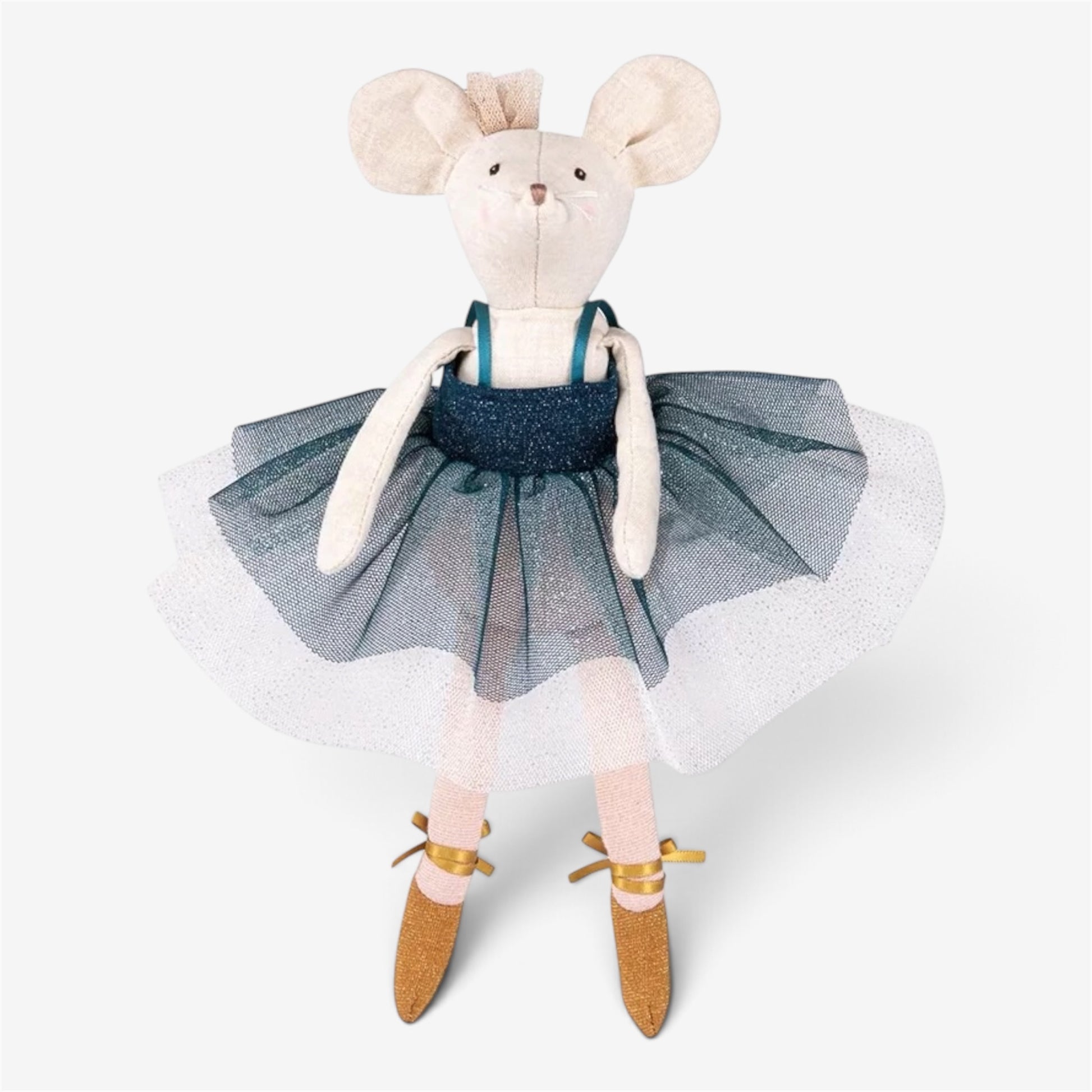 Little mouse ballet doll wearing a blue tutu featured on a white background