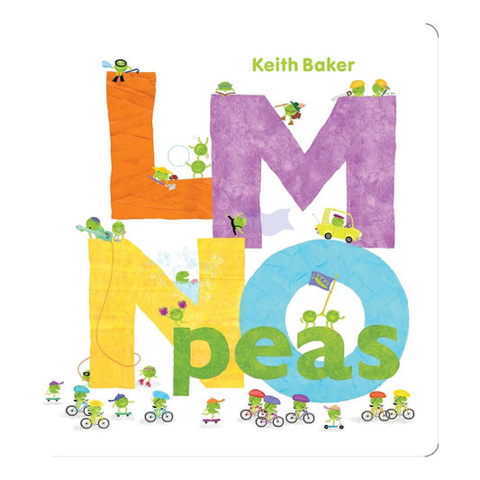 Cover of the children's board book 'LMNO Peas' by Keith Baker, featuring colorful illustrations of pea characters in various playful scenarios.