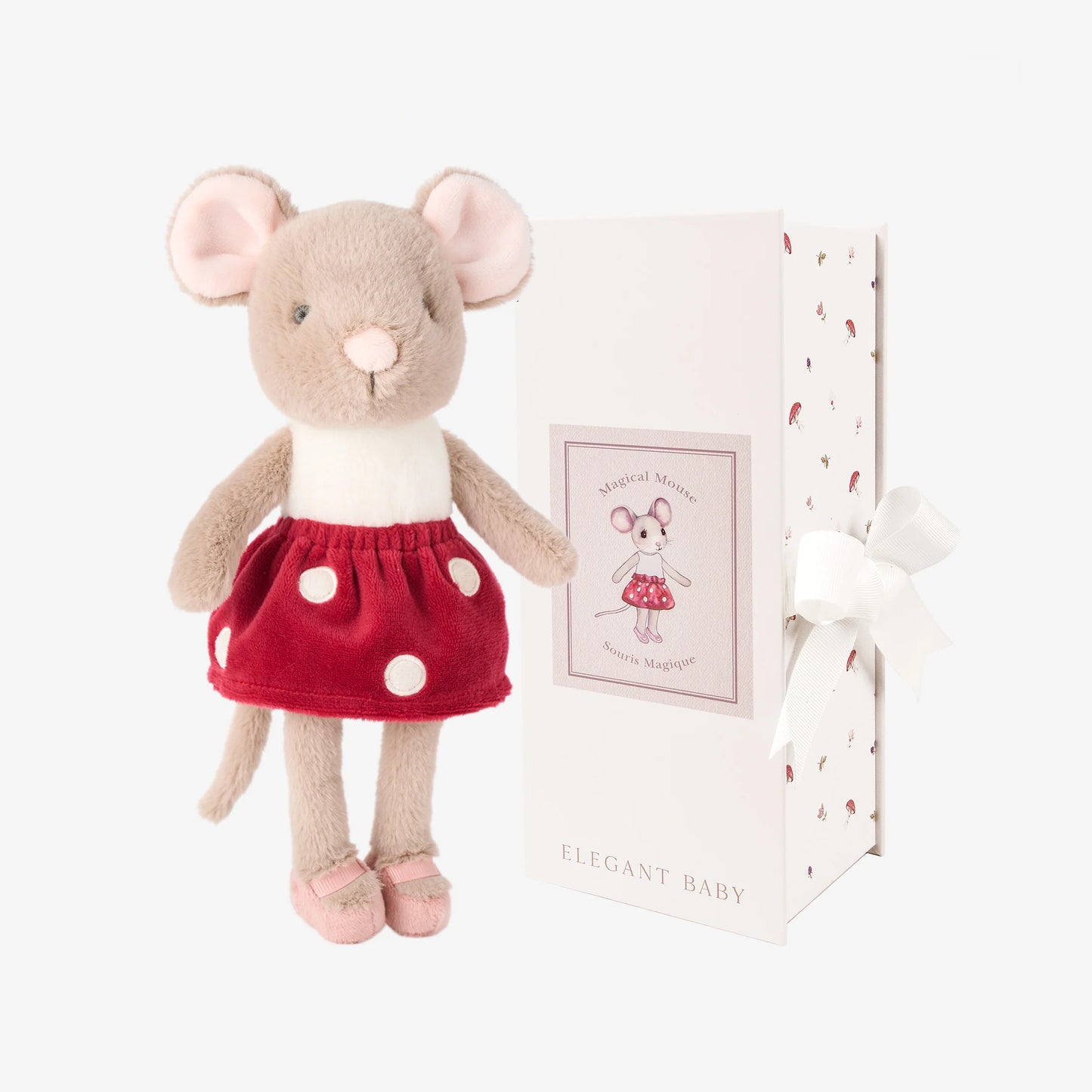 Magical Mouse plush doll beside its illustrated keepsake gift box on white background