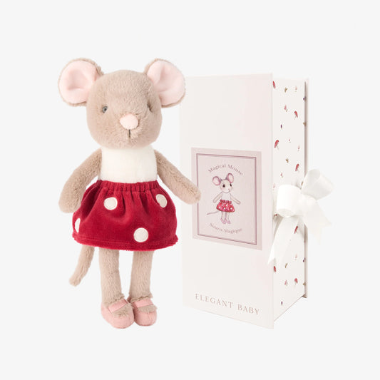 Magical Mouse plush doll beside its illustrated keepsake gift box on white background