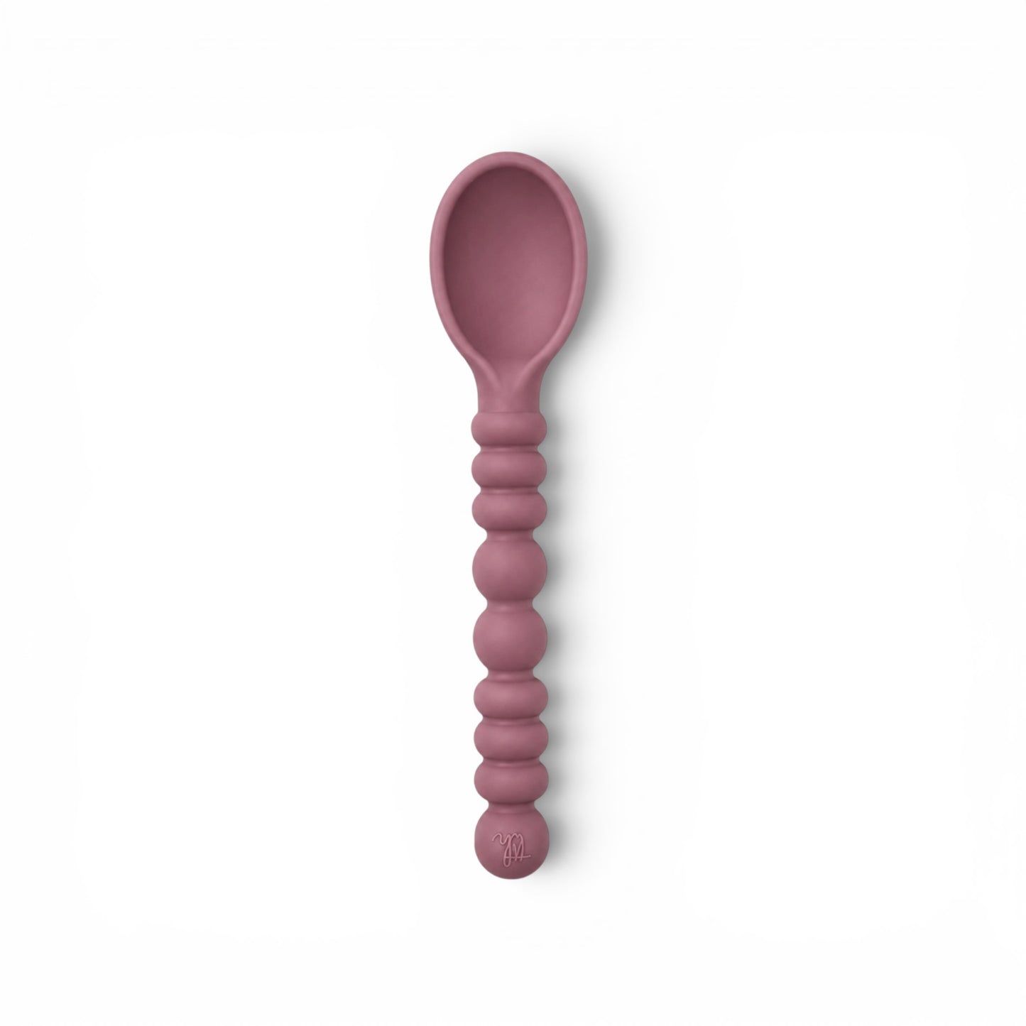 Mauve silicone baby spoon with textured handle for baby and toddler feeding