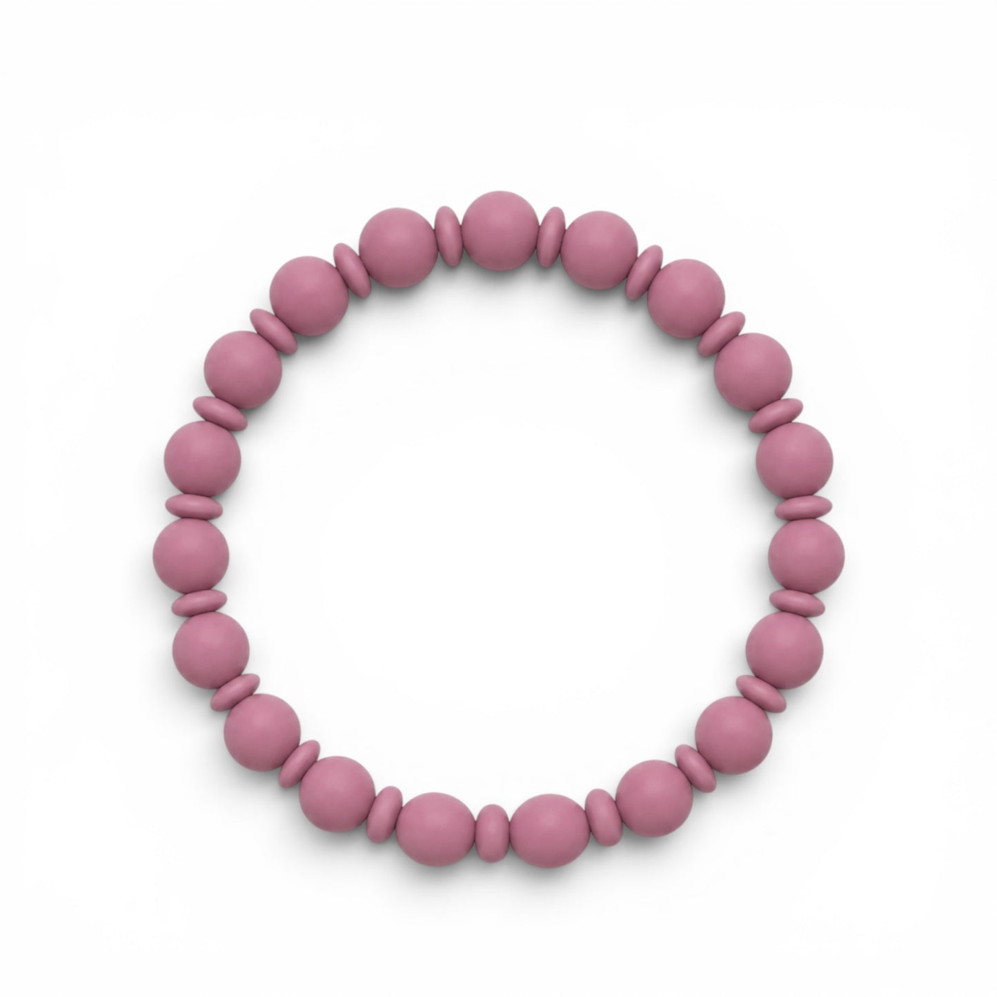 Mauve silicone baby teething ring toy with beaded design.