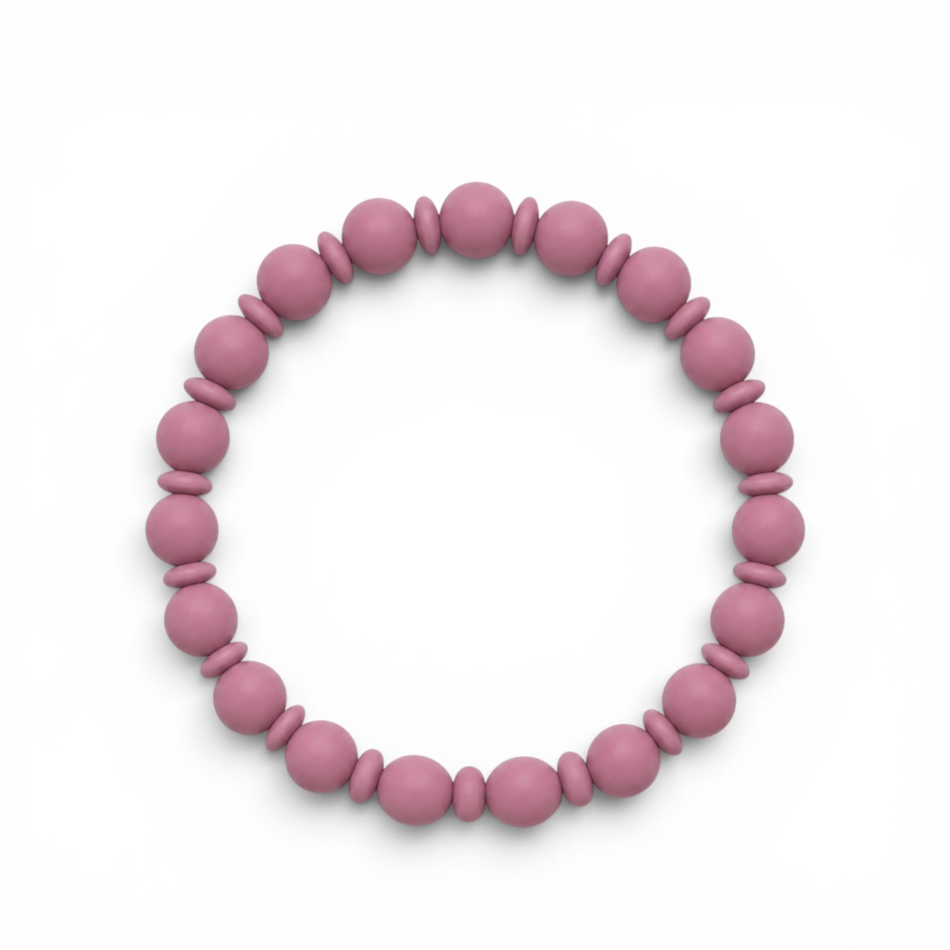 Mauve silicone baby teething ring toy with beaded design.