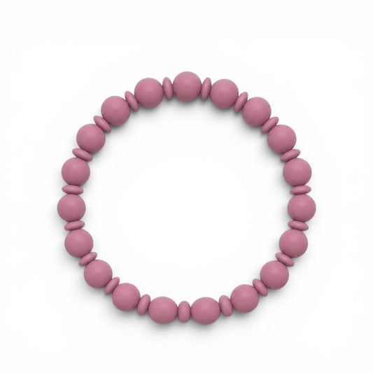 Mauve silicone baby teething ring toy with beaded design.