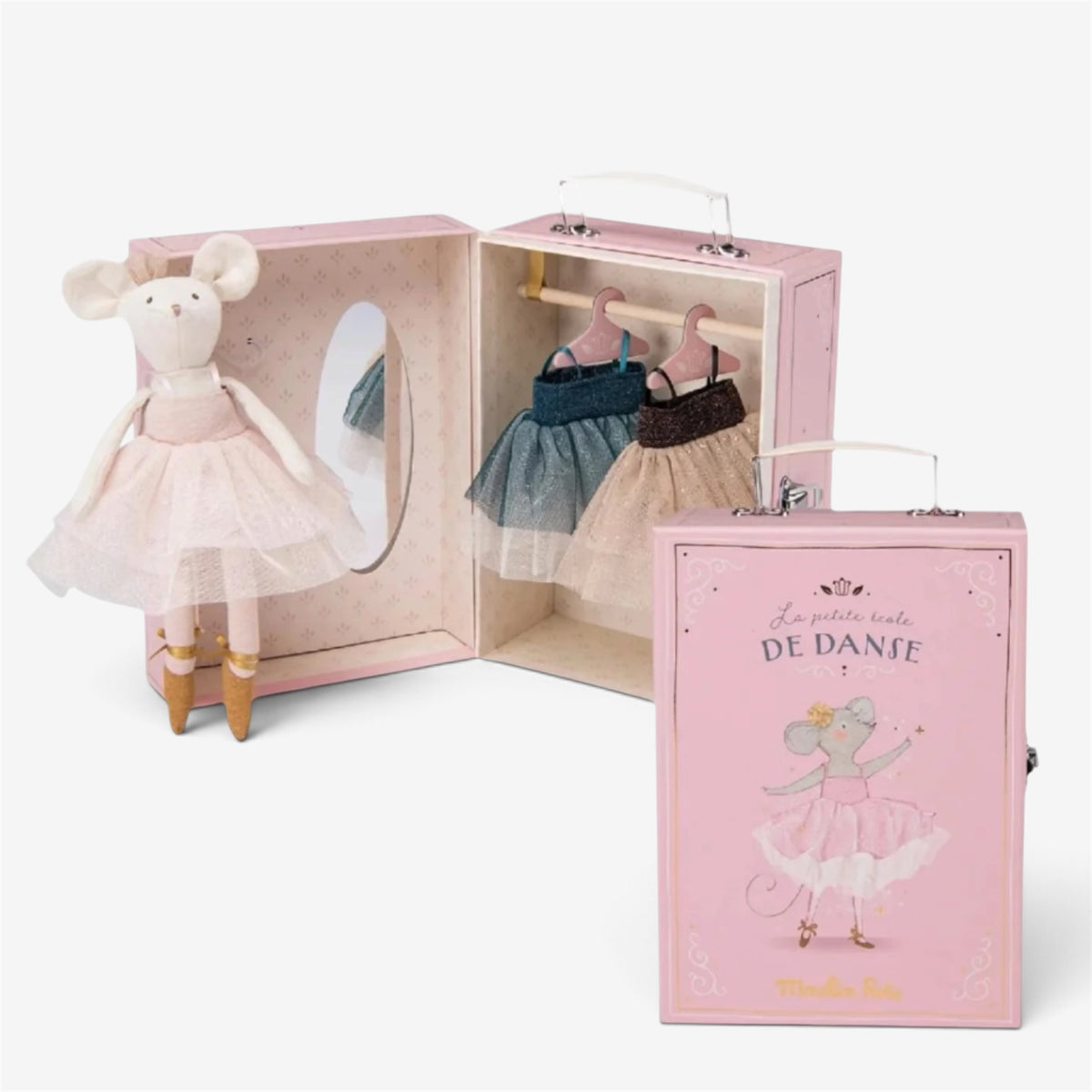 A ballet-themed doll playset by Mous & Mous, featuring a plush mouse ballerina in a pink tutu standing next to an open pink storage case with a built-in mirror and hanging doll dresses, with the matching closed box shown in front on a white background.
