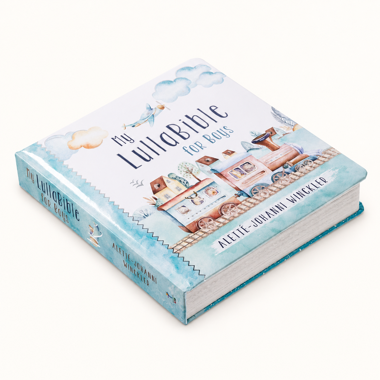 The hardcover book 'My Lullabie for Boys' by Aletta-Joanna Winckler, featuring a whimsical watercolor cover illustration of a lullaby train, clouds, and birds on a light cream background.
