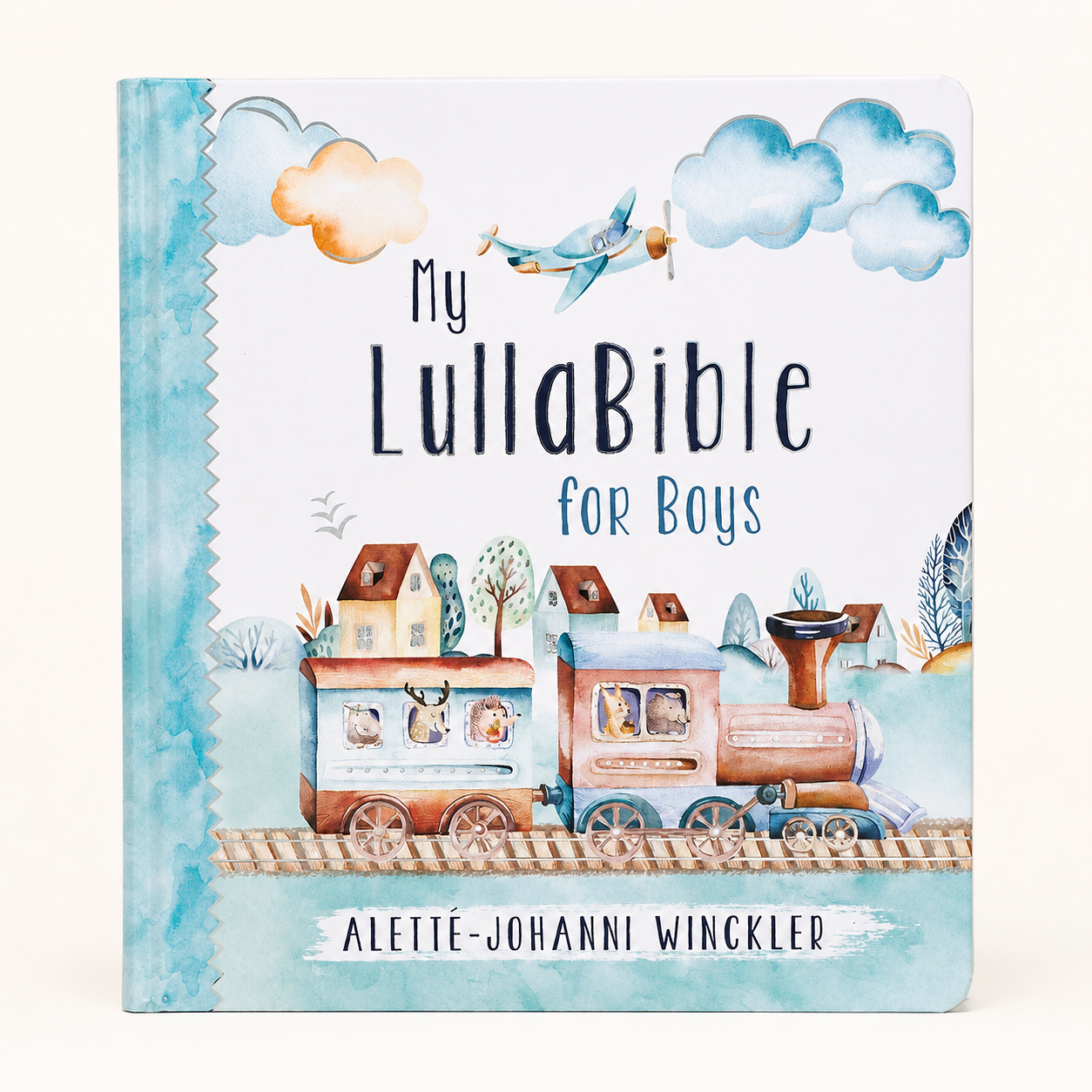 A children's board book titled 'My LullaBible for Boys' by Aletté-Johanni Winckler, featuring a watercolor-style illustration of a train, clouds, and houses on a white cover with a blue spine.