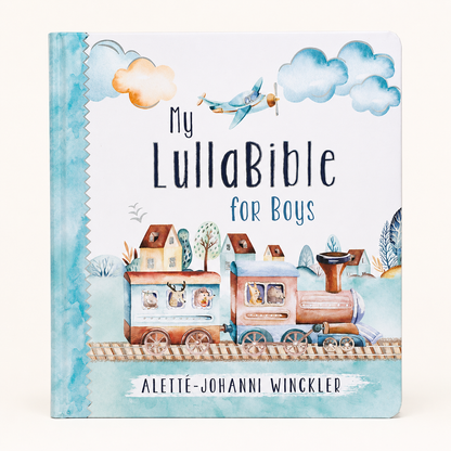 A children's board book titled 'My LullaBible for Boys' by Aletté-Johanni Winckler, featuring a watercolor-style illustration of a train, clouds, and houses on a white cover with a blue spine.