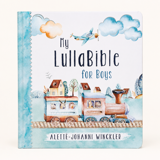 A children's board book titled 'My LullaBible for Boys' by Aletté-Johanni Winckler, featuring a watercolor-style illustration of a train, clouds, and houses on a white cover with a blue spine.