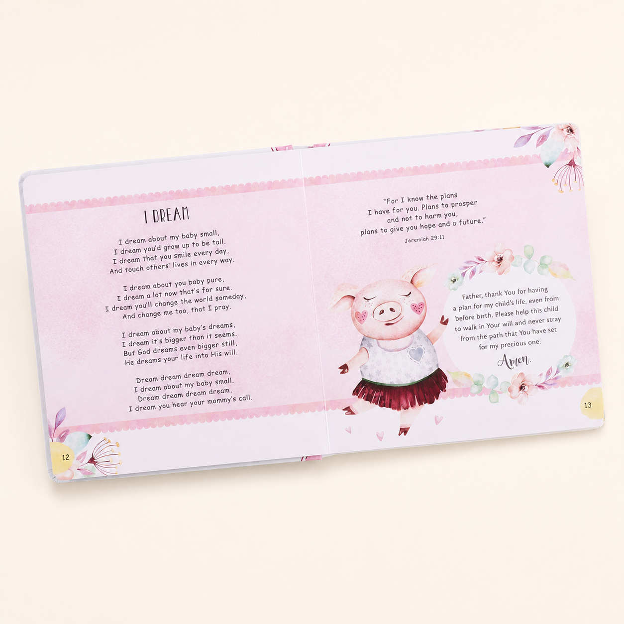 Open My LullaBible for Girls showing the I Dream lullaby, Jeremiah 29:11, a prayer, and an illustrated pig