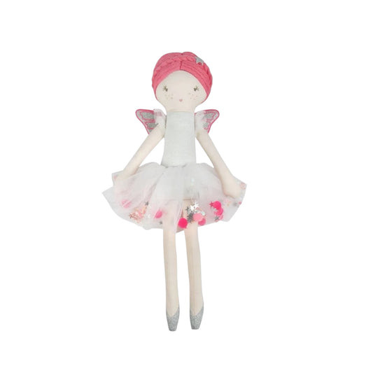 Neon Fairy Linen Doll with sparkly wings and pink pom-pom tutu