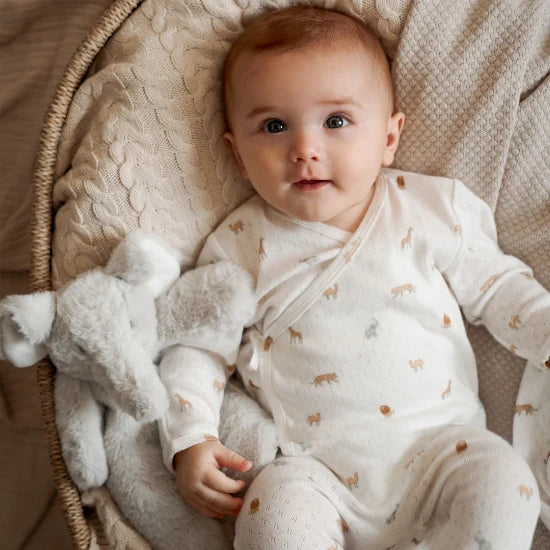Baby in a white onesie with animal prints lying in a wicker basket with a soft blanket.