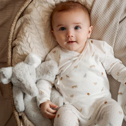 Baby in a white onesie with animal prints lying in a wicker basket with a soft blanket.