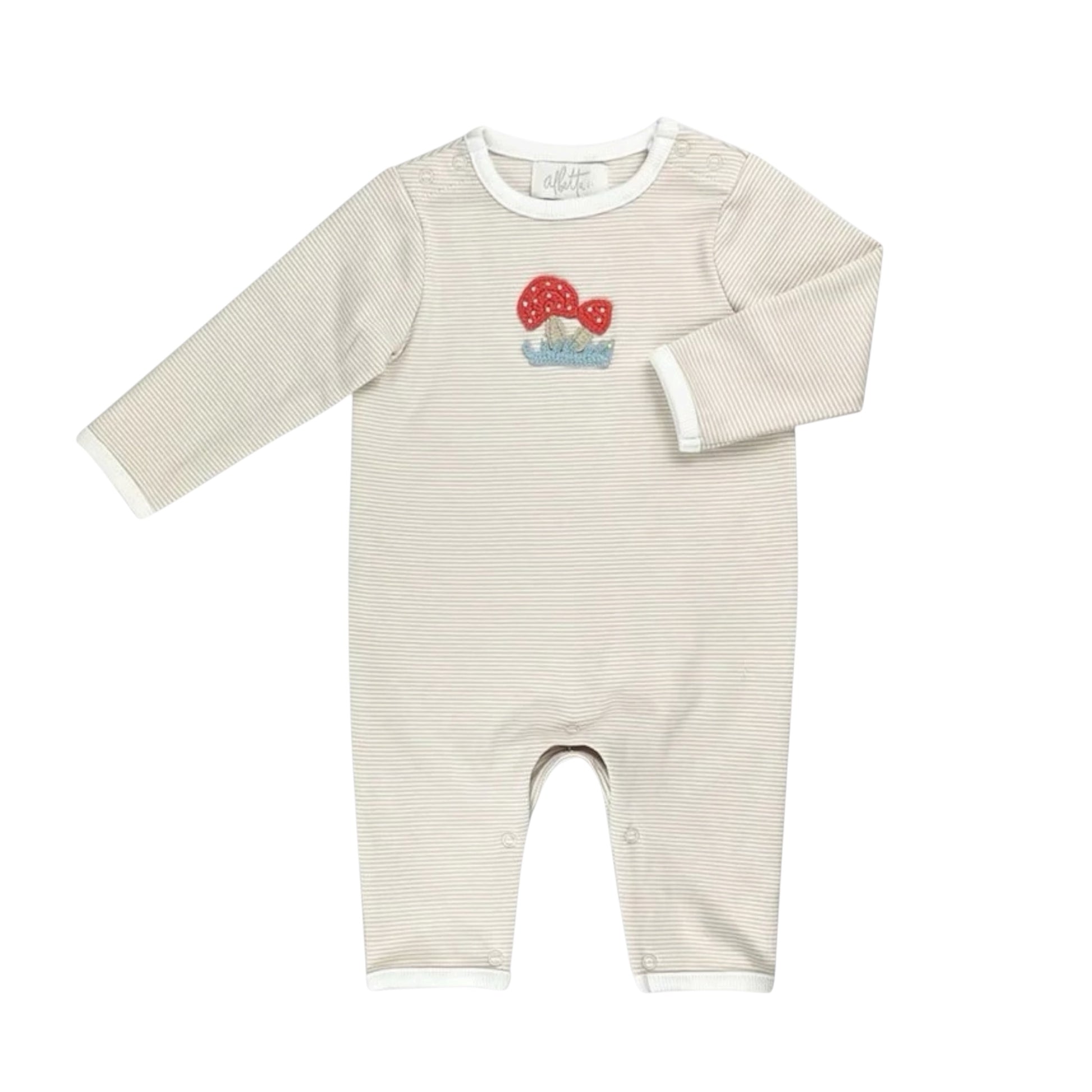 Organic cotton mushroom baby romper with neutral beige stripes and crochet mushroom detail