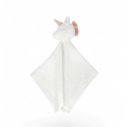 Organic Unicorn Cuddle Toy made from soft organic cotton muslin with gold horn and rainbow mane security blanket lovey