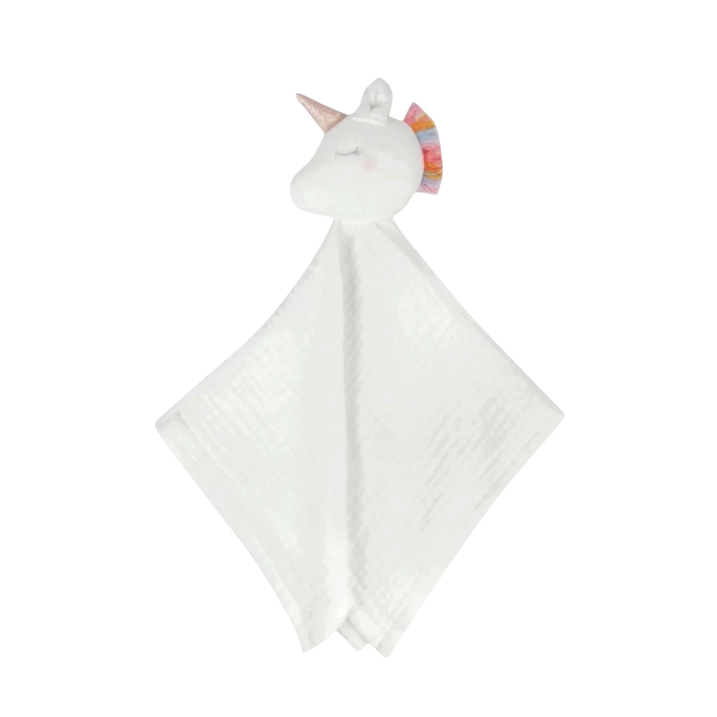Organic Unicorn Pink Cuddle Toy made from soft organic cotton muslin with gold horn and rainbow mane security blanket lovey